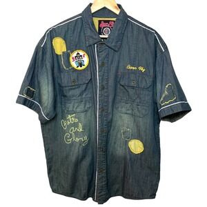 Born Fly Denim Shirt 2XL Embroidered Patches Short Sleeve Button Up Urban